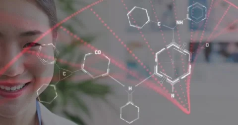 Animation of cell structure and processing data over half portrait of asian Stock Footage 329102773