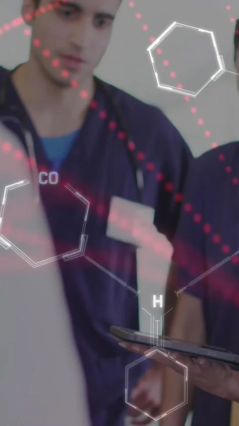Animation of cell structures and processing data over diverse female and male Stock Footage 343545502
