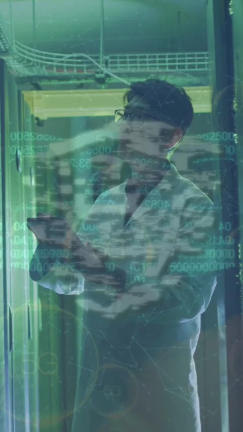 Animation of chain and data processing over asian male it engineer by computer Stock Footage 341918443