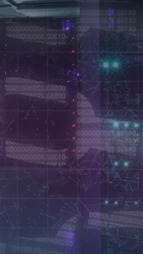 Animation of chain of binary data processing over computer server room Stock Footage 343828116