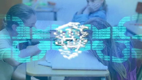 Animation of chain with padlock icon over diverse schoolchildren and female Stock Footage 327196356
