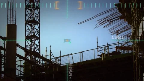 Animation of changing number and neon green scanner against construction site Vídeos de archivo 220590174