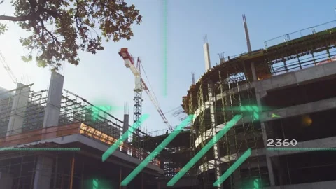 Animation of changing number and neon green scanner against construction site Vídeos de archivo 328145442