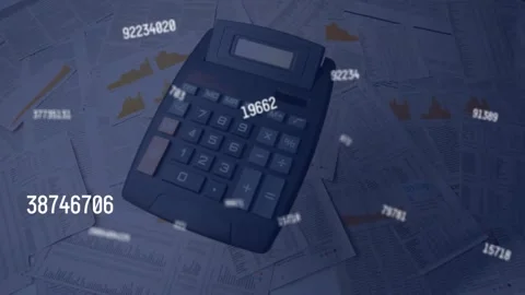 Animation of changing numbers against calculator falling over documents Video stock 229828848