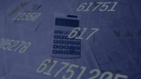 Animation of changing numbers against calculator falling over documents Video stock 330402662