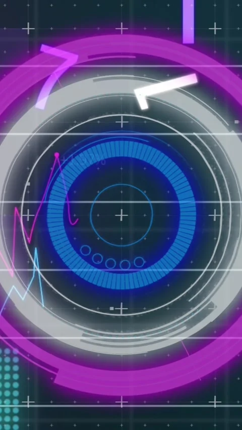 Animation of changing numbers against neon round scanner and statistical data Stock Footage 344775100