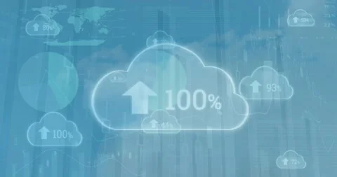 Animation of changing numbers and arrows in cloud over infographic interface Stock Footage 330728803