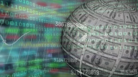 Animation of changing numbers and binary coding over globe of american dollar Stock Footage 326761336