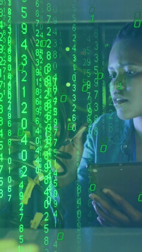 Animation of changing numbers and binary codes, african american woman checking 動画素材 343739467