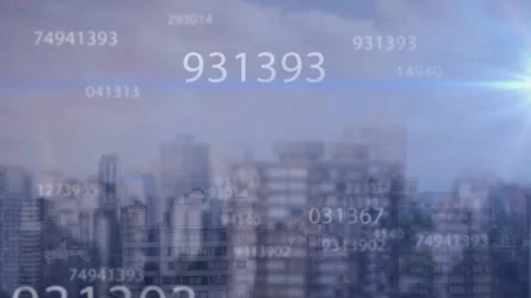 Animation of changing numbers and blue light spot against aerial view of 動画素材 238060649