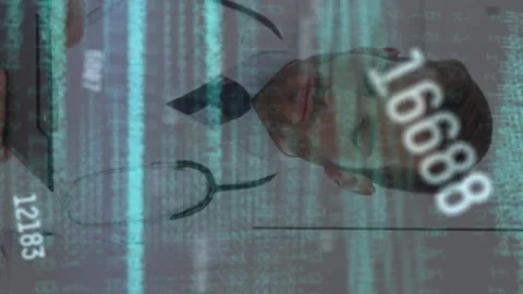 Animation of changing numbers and computer language over doctor writing on Stock Footage 312966134
