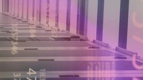 Animation of changing numbers and computer language over server room Stock Footage 313331546