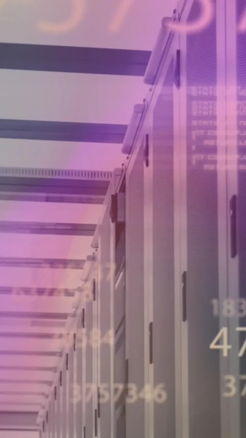 Animation of changing numbers and computer language over server room Stock Footage 320983421