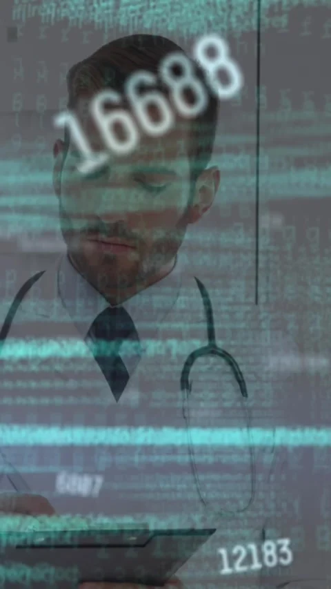 Animation of changing numbers and computer language over doctor writing on Stock Footage 321172015