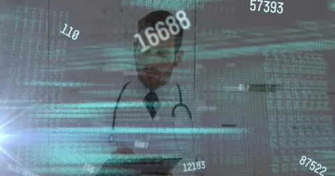 Animation of changing numbers and computer language over doctor writing on Stock Footage 328642404