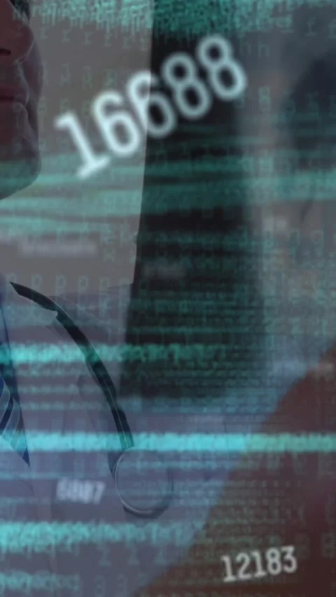Animation of changing numbers and computer language over caucasian doctor Stock Footage 344525644