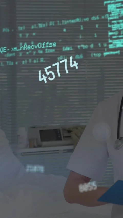 Animation of changing numbers and computer language over female caucasian doctor Stock Footage 344525647
