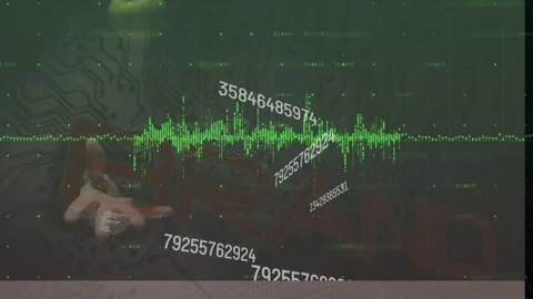 Animation of changing numbers and data processing over hand throwing a apple and Stock Footage 329971819