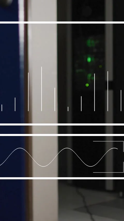 Animation of changing numbers and graph over data server room Stock Footage 344636426