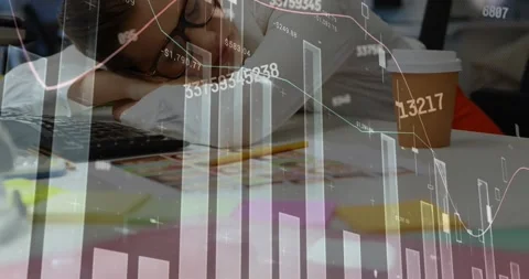 Animation of changing numbers and graphs over tired caucasian woman sleeping on Stock Footage 328408579