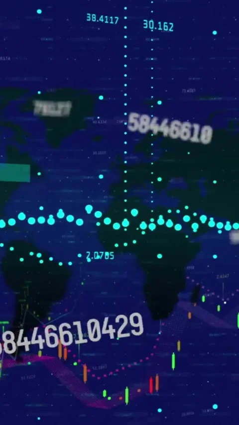 Animation of changing numbers and graphs with map over black background Stock Footage 343718831