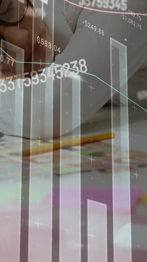 Animation of changing numbers and graphs over tired caucasian woman sleeping on Stock Footage 344723440