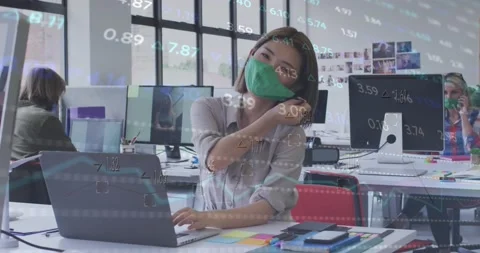 Animation of changing numbers and heart rhythm over asian woman removing mask Video stock 229205996