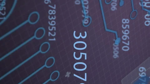 Animation of changing numbers and integrated circuit on violet background Stock Footage 312365543