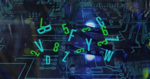 Animation of changing numbers and letters with circuit board pattern over black Stock Footage 328974732