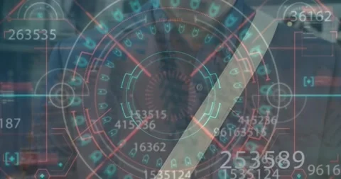 Animation of changing numbers and mandala pattern over smiling asian man texting Stock Footage 327846512