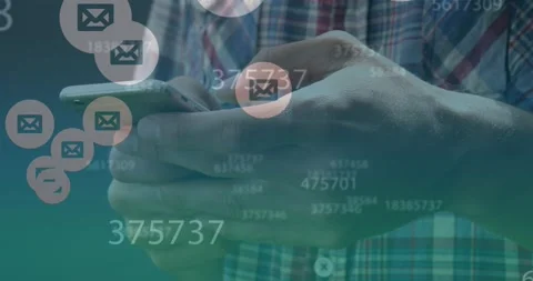 Animation of changing numbers and message icons against mid section of a man Stock Footage 328463096