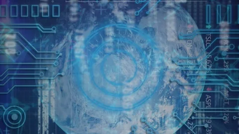 Animation of changing numbers and microprocessor connections over globe against Video stock 312411211