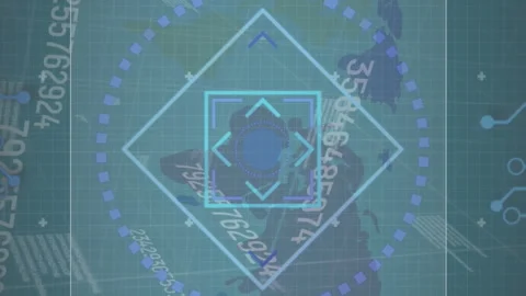 Animation of changing numbers and microprocessor connections over world map Stockbeeldmateriaal 312488087