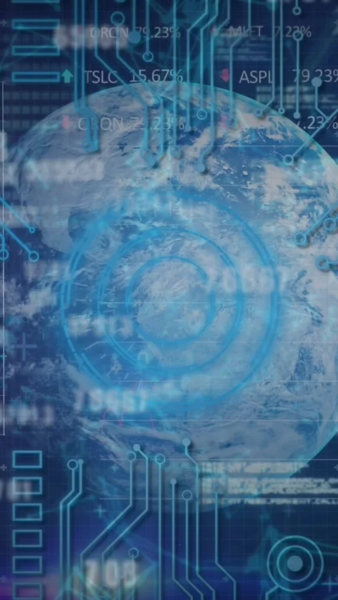 Animation of changing numbers and microprocessor connections over globe against Vídeo Stock 322880251
