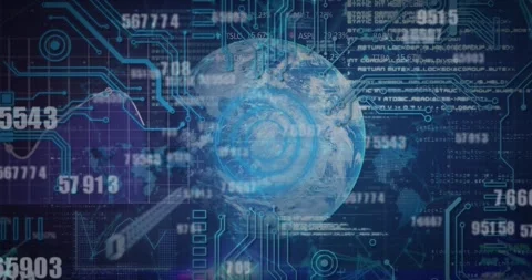 Animation of changing numbers and microprocessor connections over globe against Vídeo Stock 327445579