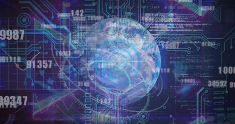 Animation of changing numbers and microprocessor connections over globe against Video stock 328506672