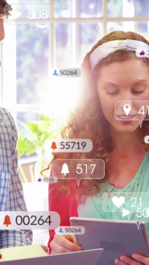 Animation of changing numbers and notification icons over diverse coworkers Stock-Footage 321580716