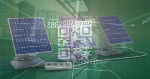 Animation of changing numbers and qr code scanner over solar panels against Stock Footage 330587118
