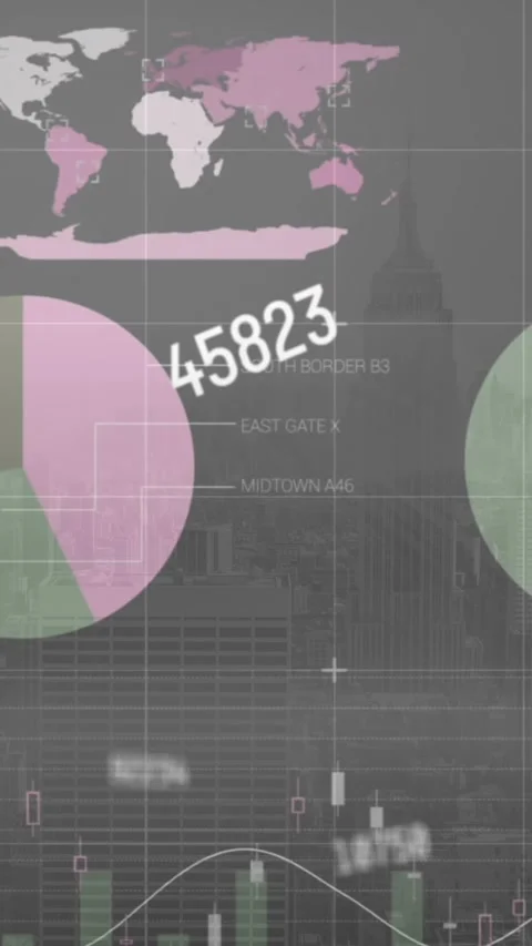 Animation of changing numbers and statistical data processing against aerial Vídeos de archivo 344636093