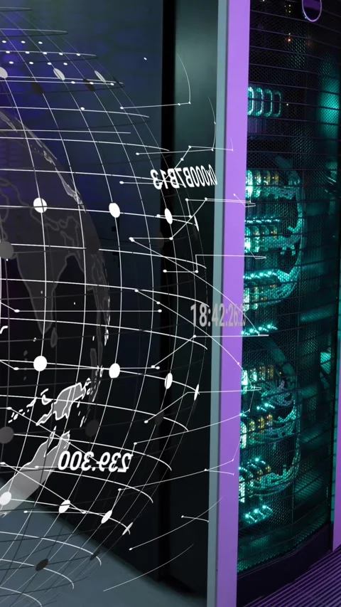 Animation of changing numbers around globe over illuminated data server room Stock Footage 344783632