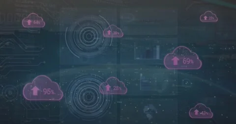 Animation of changing numbers with up arrow in clouds, circles, globe, graph on Stock Footage 330587040