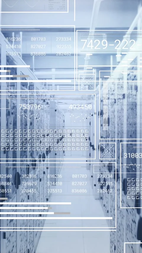 Animation of changing numbers, circles and loading bars against server room in Stock Footage 344614614