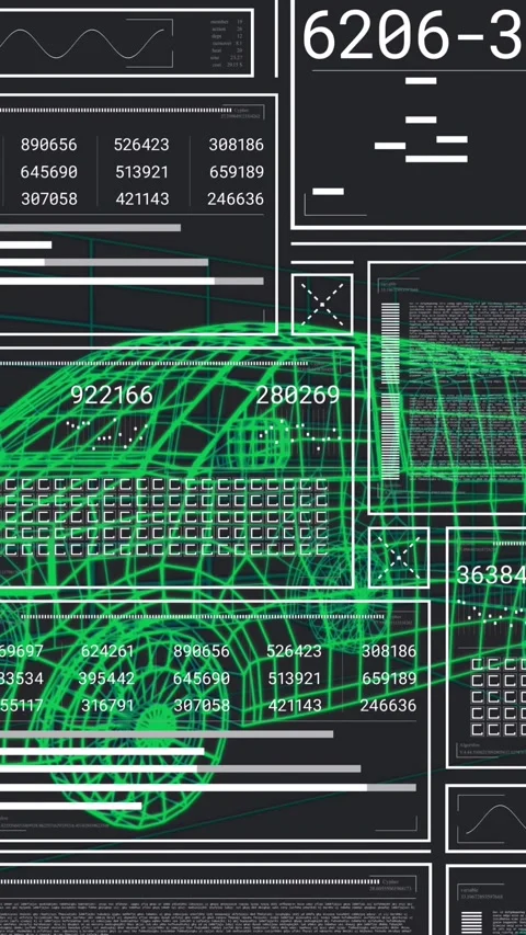 Animation of changing numbers, circles, graphs, loading bars over 3d model of Stock Footage 344525252