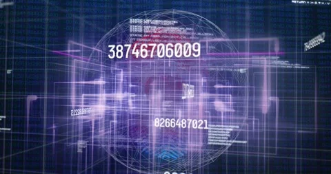 Animation of changing numbers, computer language, fingerprint, lines, globe over Stock Footage 326880915