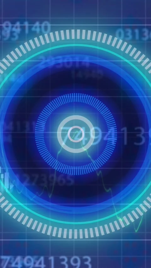 Animation of changing numbers floating over round scanner and stock market data Stock Footage 344614338