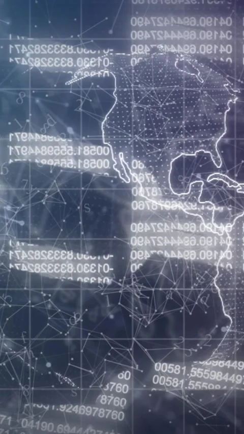 Animation of changing numbers forming blockchains over globe and connected dots Stock Footage 344706434