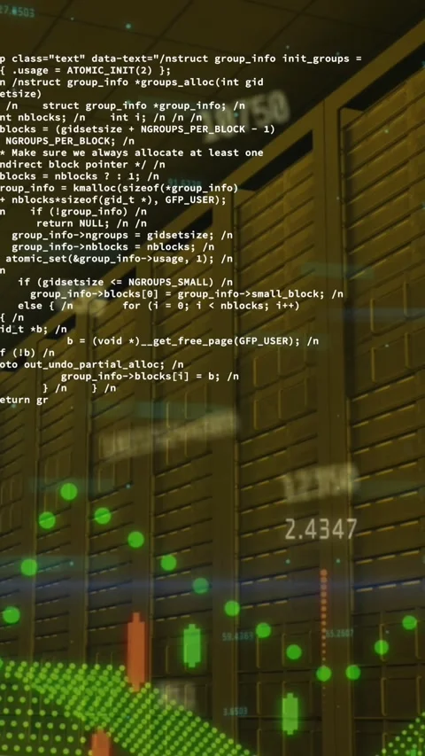 Animation of changing numbers, graphs, computer language over data server room Stock Footage 342601092