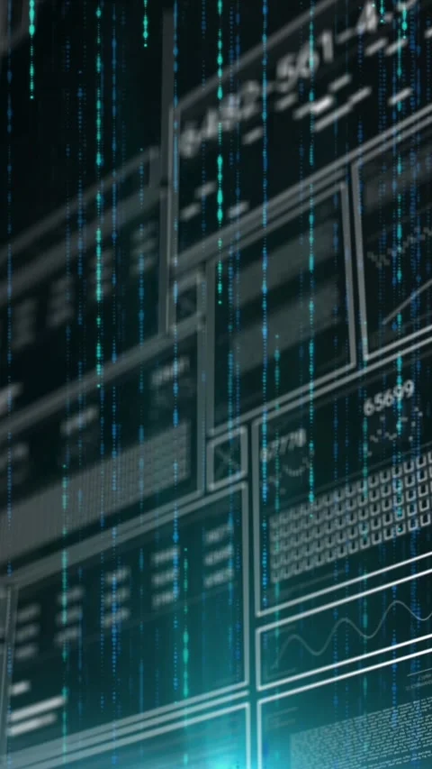 Animation of changing numbers, graphs, loading bars, circles over falling lines Stock Footage 344783253
