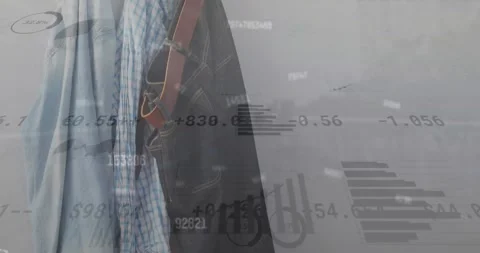 Animation of changing numbers, graphs, trading board, cloth hanged on hook in Stock Footage 329418260