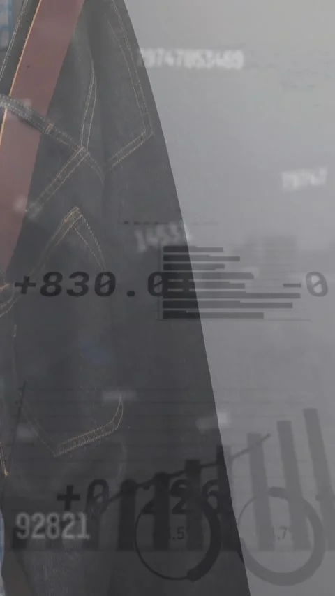Animation of changing numbers, graphs, trading board, cloth hanged on hook in Stock Footage 344766194